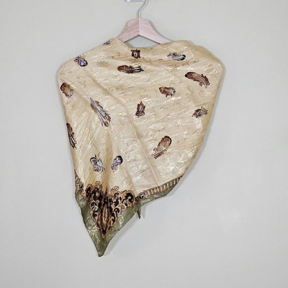 Unbranded Silk Scarf Womens 31 x 32 Inches Multicolor Gold Floral Feathers Print - Picture 2 of 15